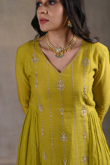 Olive green flared kurta set