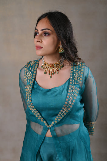 Aqua crop top with shrug and pant set