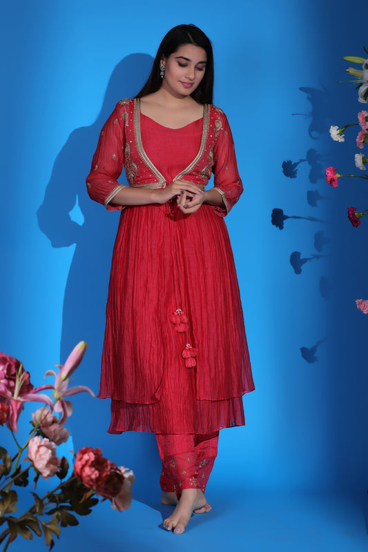 Red Tie-Up Kurta Set