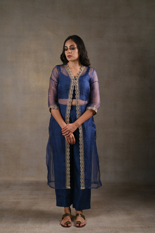 Royal blue crop top with shrug and pant set