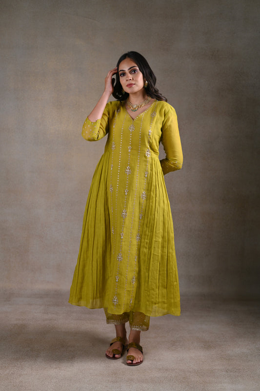 Olive green flared kurta set