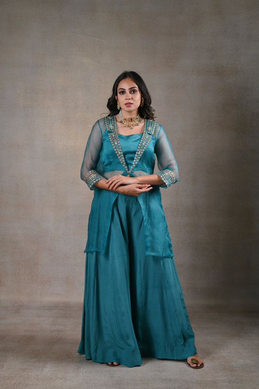 Aqua crop top with shrug and pant set