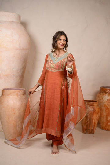 RUST CHANDERI KURTA SET