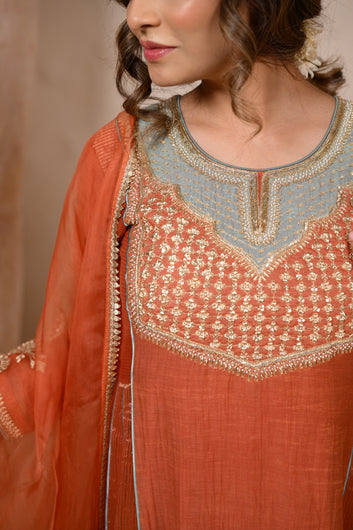 RUST CHANDERI KURTA SET